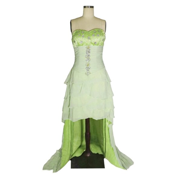 Vtg Green US 4 S Gemstone Tiered Beaded High Low Ruched Bodice Prom Gown Dress - Picture 2 of 5